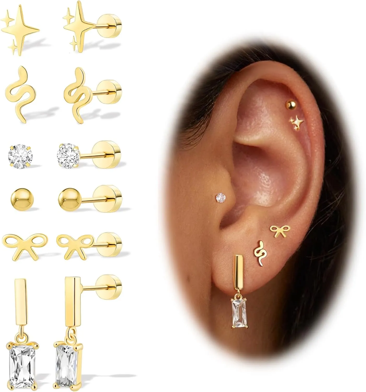 Titanium Flat Back Earrings, 6 Pairs Screw Back Earring for Women Hypoallergenic Earrings 14K Gold & Silver Cartilage Earring Helix Conch Tragus Piercing Jewelry CZ Star Ball Snake Bow Earrings