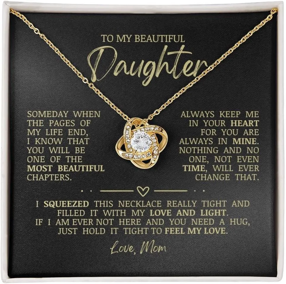 To My Beautiful Daughter "Always Keep Me In Your Heart" Love Knot Necklace, Jewelry Gift Box with Sentimental Message Card, Necklace Jewelry Present for Birthday Christmas Graduation, Gift for Beloved Daughter from Mom