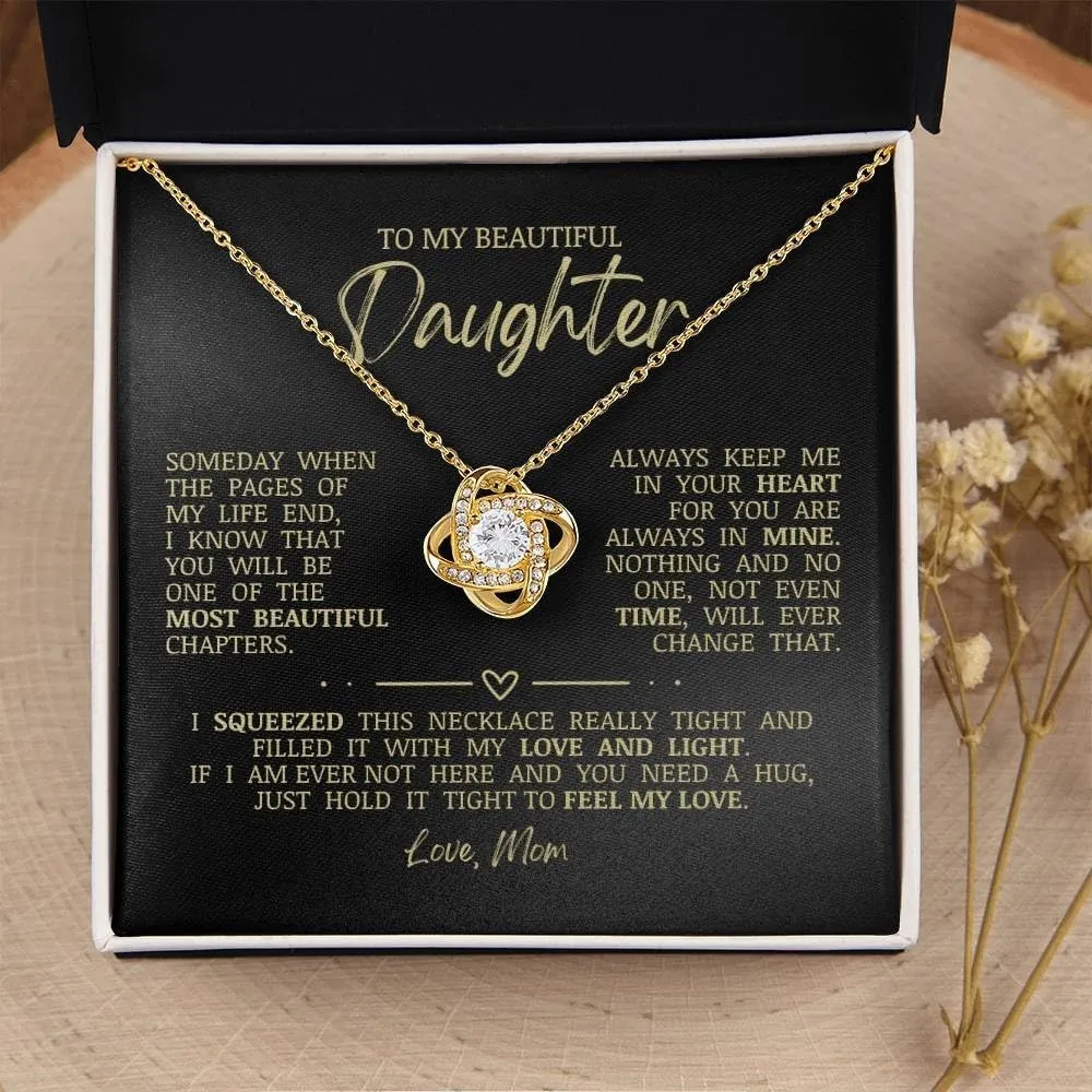 To My Beautiful Daughter "Always Keep Me In Your Heart" Love Knot Necklace, Jewelry Gift Box with Sentimental Message Card, Necklace Jewelry Present for Birthday Christmas Graduation, Gift for Beloved Daughter from Mom