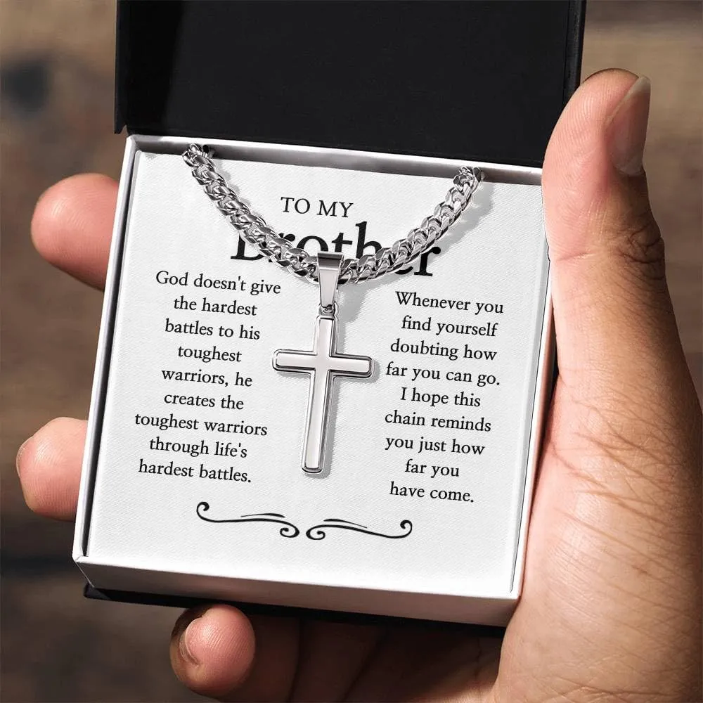 To My Brother Cross Necklace, Engraved Christian Pendant for Men, Stainless Steel Religious Necklace, Sentimental Present for Brother, Birthday, Christmas, Baptism, Graduation, Inspirational Faith-Based Jewelry
