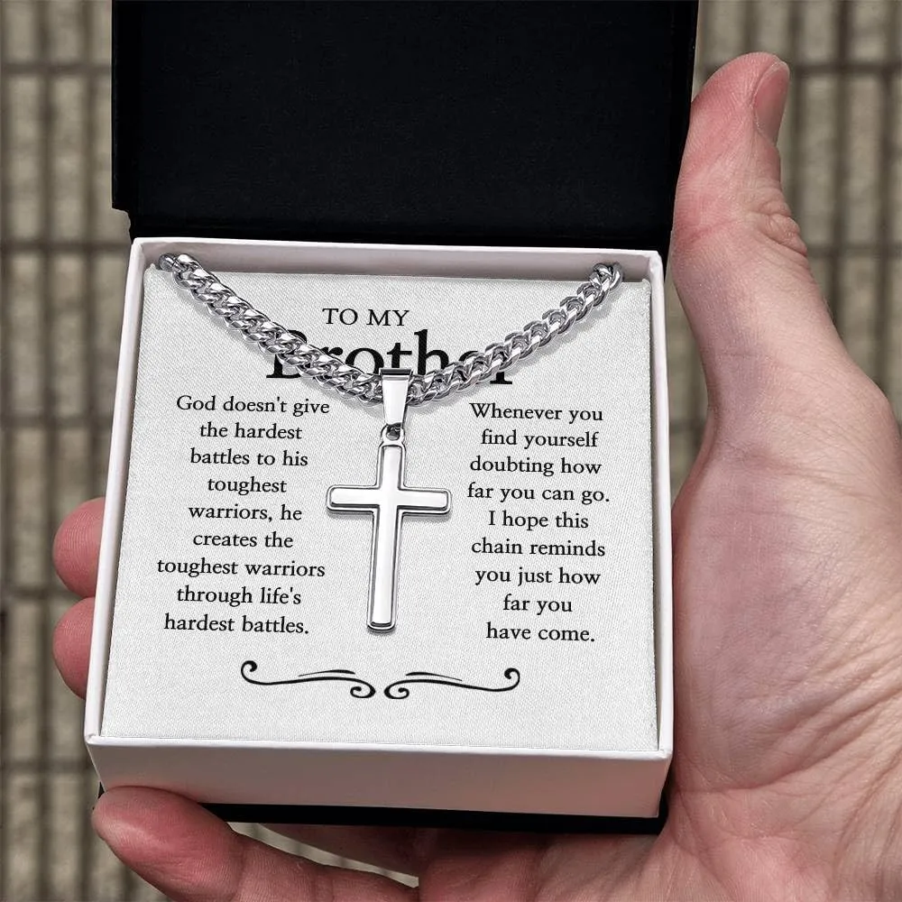 To My Brother Cross Necklace, Engraved Christian Pendant for Men, Stainless Steel Religious Necklace, Sentimental Present for Brother, Birthday, Christmas, Baptism, Graduation, Inspirational Faith-Based Jewelry