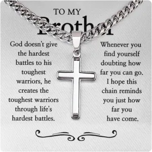 To My Brother Cross Necklace, Engraved Christian Pendant for Men, Stainless Steel Religious Necklace, Sentimental Present for Brother, Birthday, Christmas, Baptism, Graduation, Inspirational Faith-Based Jewelry