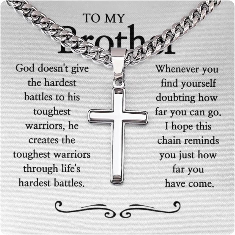 To My Brother Cross Necklace, Engraved Christian Pendant for Men, Stainless Steel Religious Necklace, Sentimental Present for Brother, Birthday, Christmas, Baptism, Graduation, Inspirational Faith-Based Jewelry