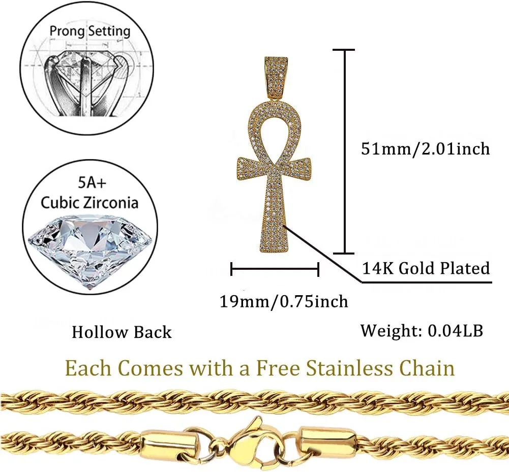 TOPGRILLZ Ankh Cross Necklace for Women Gold Cross Necklace for Men Rope Pendant Necklace Iced out 14K Gold Plated 24 Stainless Steel Chain Birthday Gift