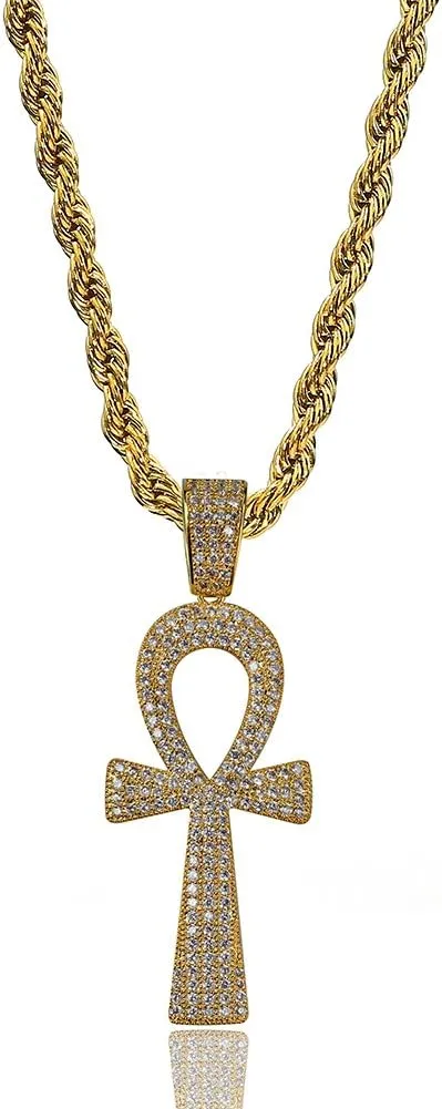 TOPGRILLZ Ankh Cross Necklace for Women Gold Cross Necklace for Men Rope Pendant Necklace Iced out 14K Gold Plated 24 Stainless Steel Chain Birthday Gift