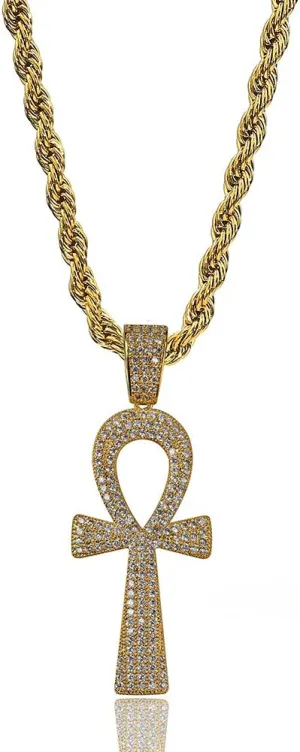TOPGRILLZ Ankh Cross Necklace for Women Gold Cross Necklace for Men Rope Pendant Necklace Iced out 14K Gold Plated 24 Stainless Steel Chain Birthday Gift