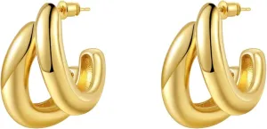 Trendy Double Hoop Earrings 14K Gold Plated Simple Earrings for Women Dainty Small Hoop Earrings for Women Double Tiny Twist Pearl Gold Huggie Hoop Earrings Minimalist Earrings for Women