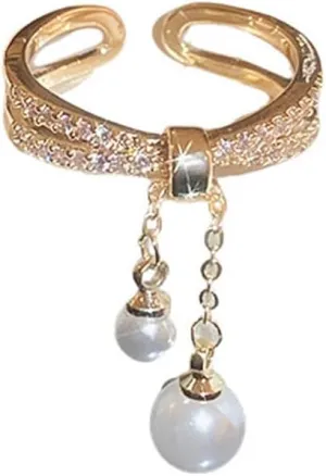 Trendy Layered Pearls Chain Tassel Open Ring For Women 14K Gold Plated CZ Adjustable Statement Wrap Finger Band Rings Eternity Fashion Wedding Engagement Jewelry