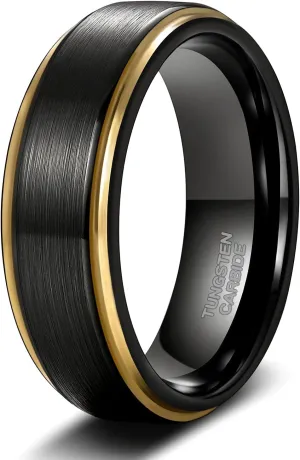 TRUMIUM 6mm 8mm Tungsten Rings for Men Women Black Wedding Band Gold/Rose Gold Step Edges Comfort Fit Size 6-13