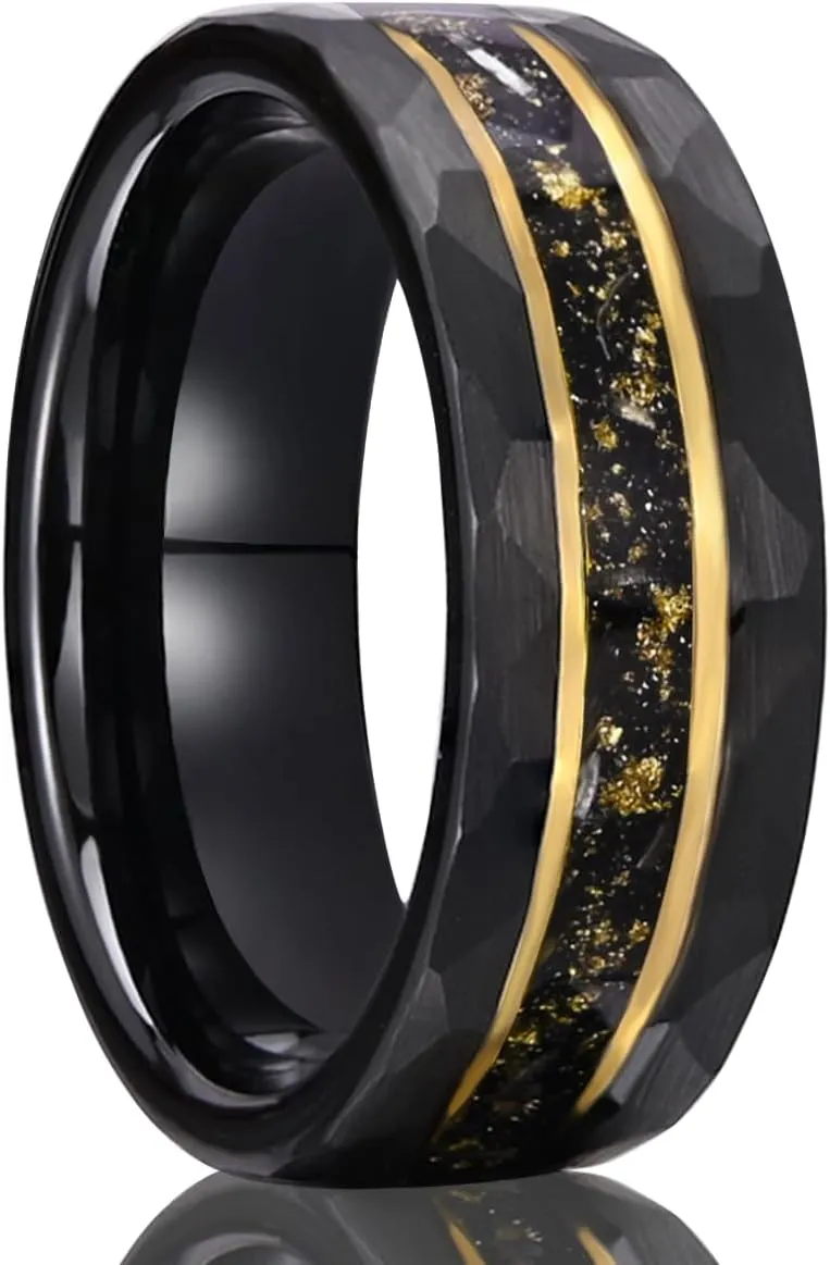 Tungsten Carbide Rings for men and women 8mm Golden Fluted Inlay Gold Foil Meteorite Men's Wedding bands High Polish Hammered Matte brushed