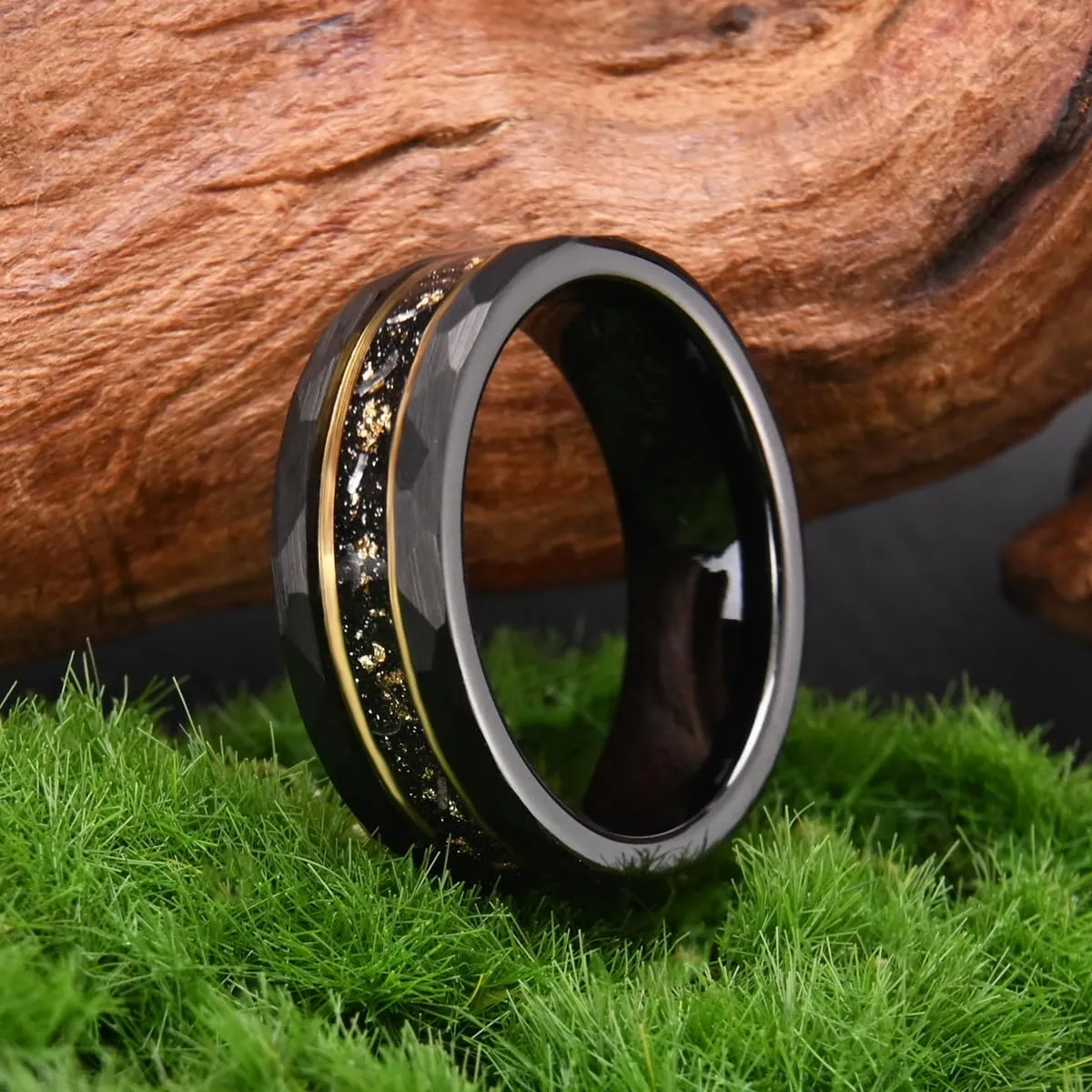 Tungsten Carbide Rings for men and women 8mm Golden Fluted Inlay Gold Foil Meteorite Men's Wedding bands High Polish Hammered Matte brushed