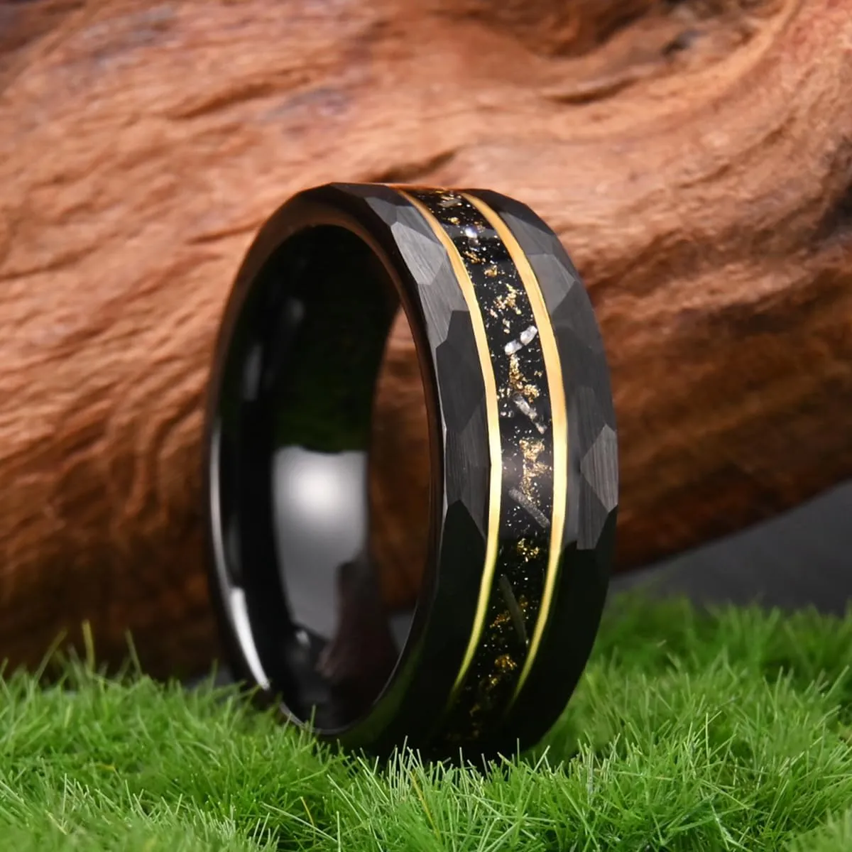 Tungsten Carbide Rings for men and women 8mm Golden Fluted Inlay Gold Foil Meteorite Men's Wedding bands High Polish Hammered Matte brushed