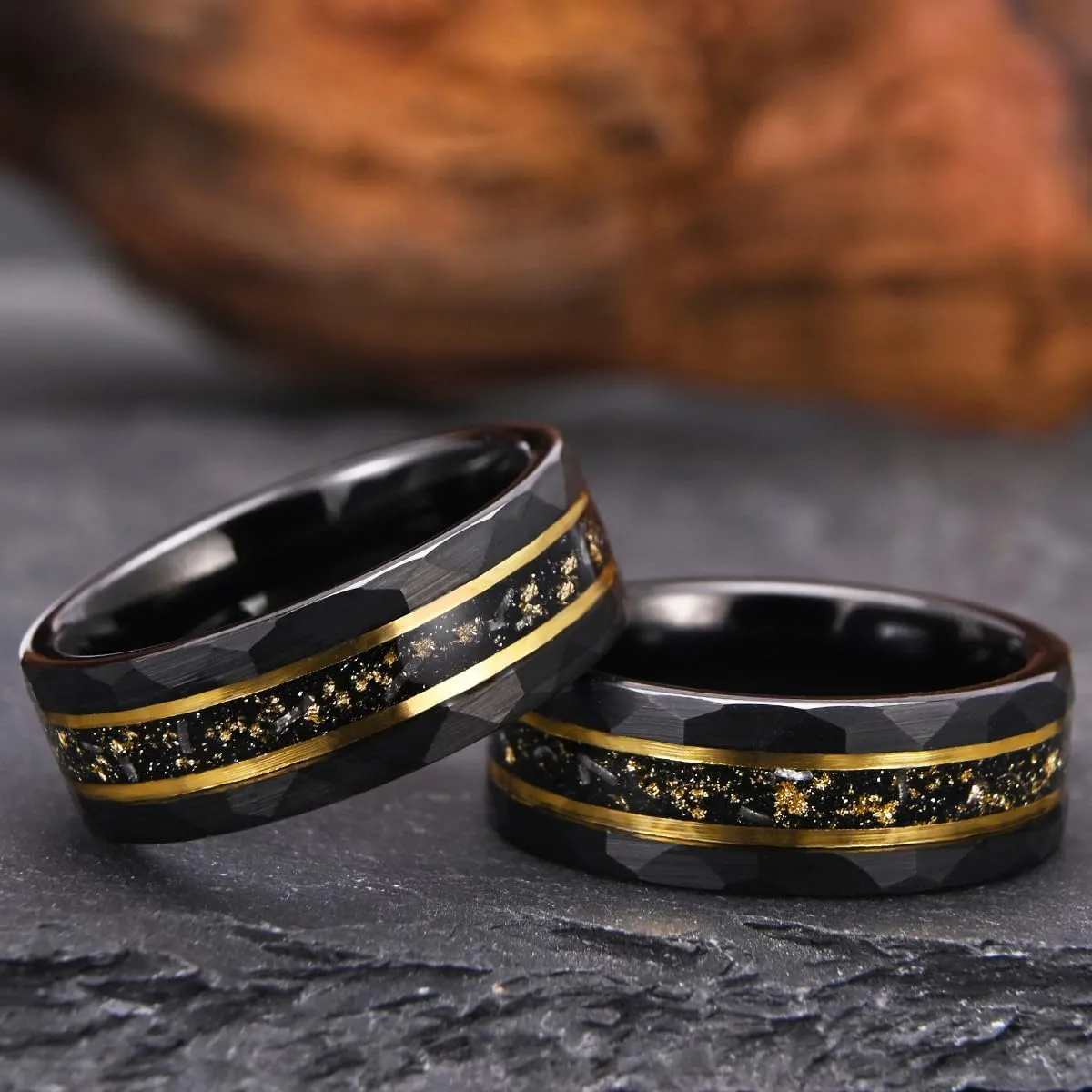 Tungsten Carbide Rings for men and women 8mm Golden Fluted Inlay Gold Foil Meteorite Men's Wedding bands High Polish Hammered Matte brushed