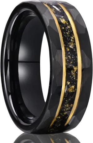 Tungsten Carbide Rings for men and women 8mm Golden Fluted Inlay Gold Foil Meteorite Men's Wedding bands High Polish Hammered Matte brushed