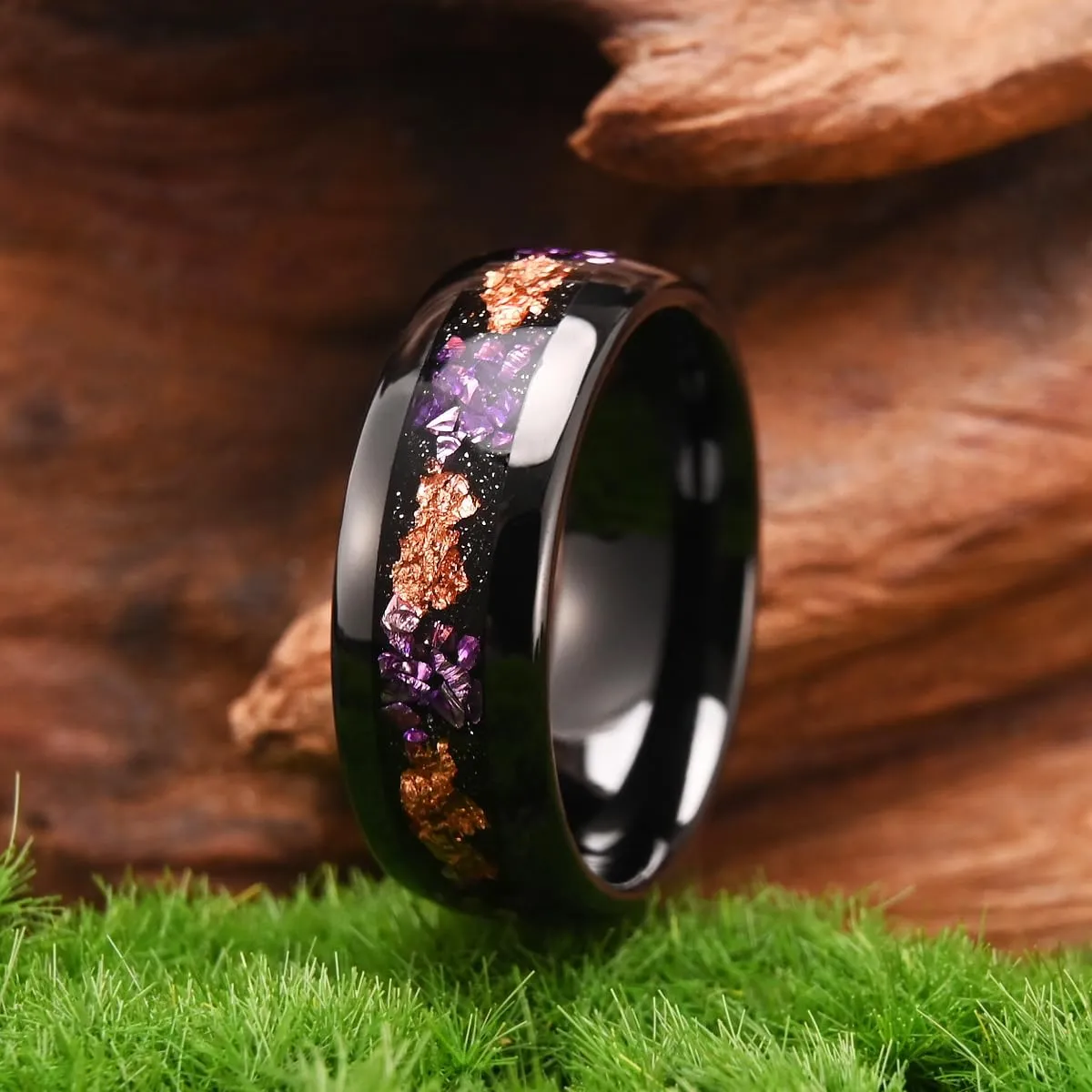Tungsten Carbide Rings for Men and Women 8mm/4mm Men's Engagement Wedding Bands Inlaid with Amethyst and Gold Foil High Polish
