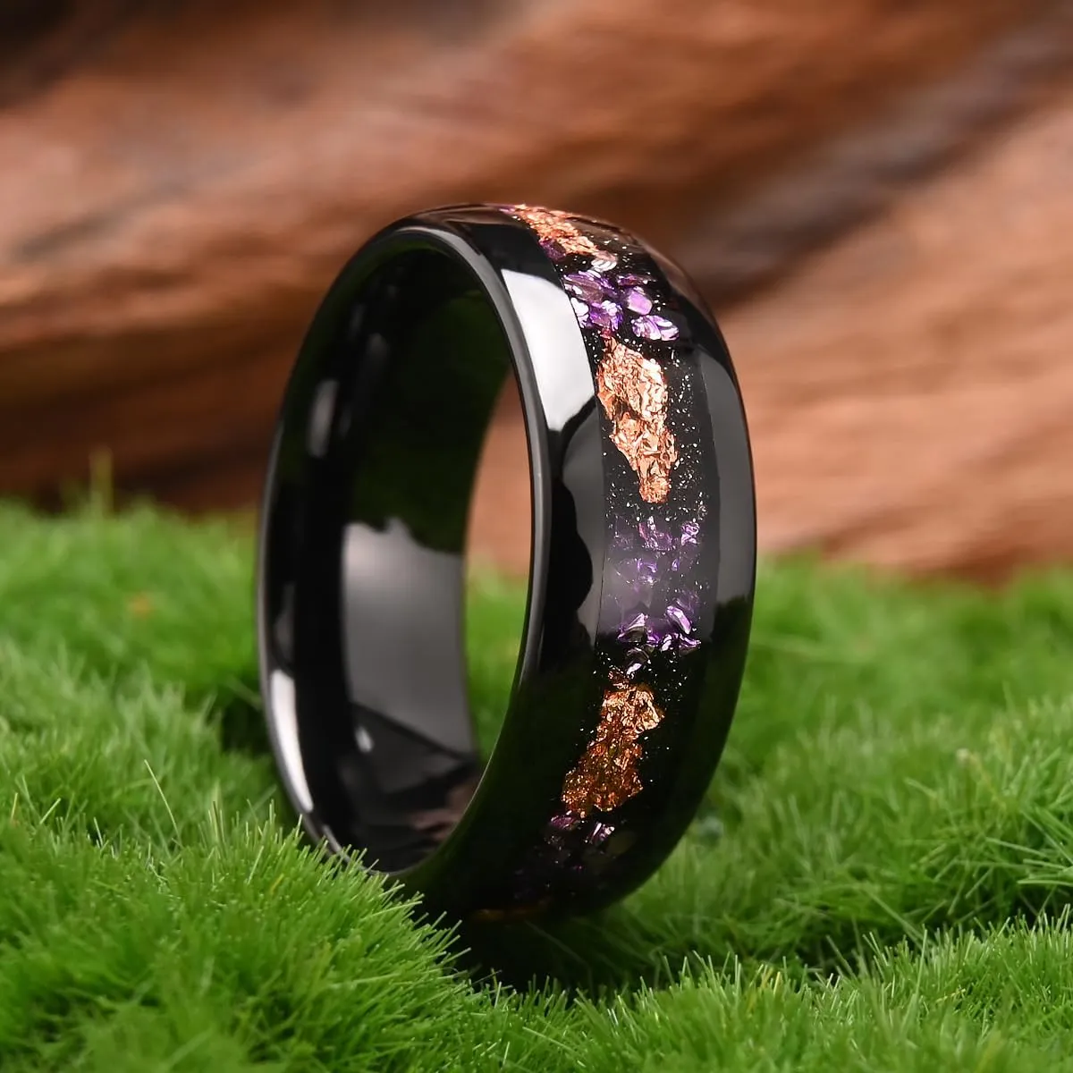 Tungsten Carbide Rings for Men and Women 8mm/4mm Men's Engagement Wedding Bands Inlaid with Amethyst and Gold Foil High Polish