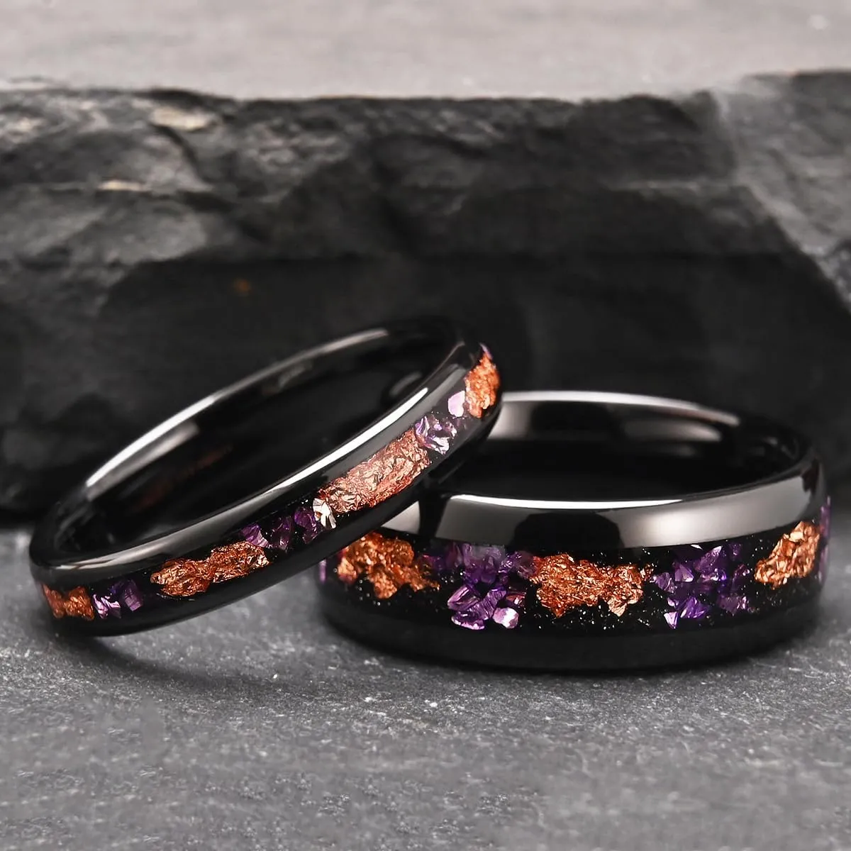 Tungsten Carbide Rings for Men and Women 8mm/4mm Men's Engagement Wedding Bands Inlaid with Amethyst and Gold Foil High Polish