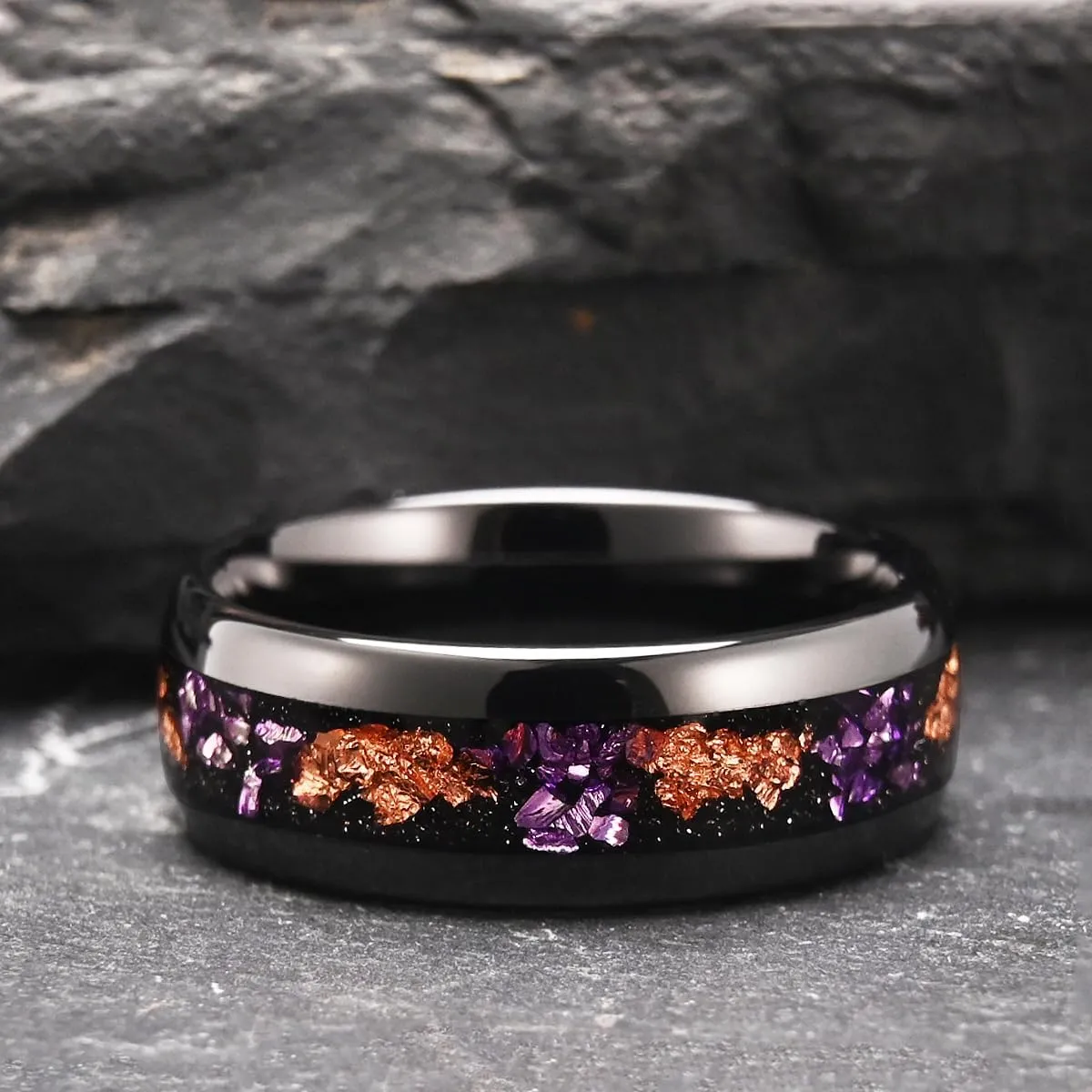 Tungsten Carbide Rings for Men and Women 8mm/4mm Men's Engagement Wedding Bands Inlaid with Amethyst and Gold Foil High Polish