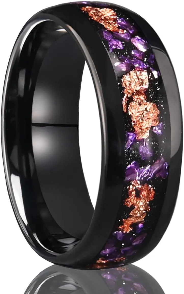 Tungsten Carbide Rings for Men and Women 8mm/4mm Men's Engagement Wedding Bands Inlaid with Amethyst and Gold Foil High Polish