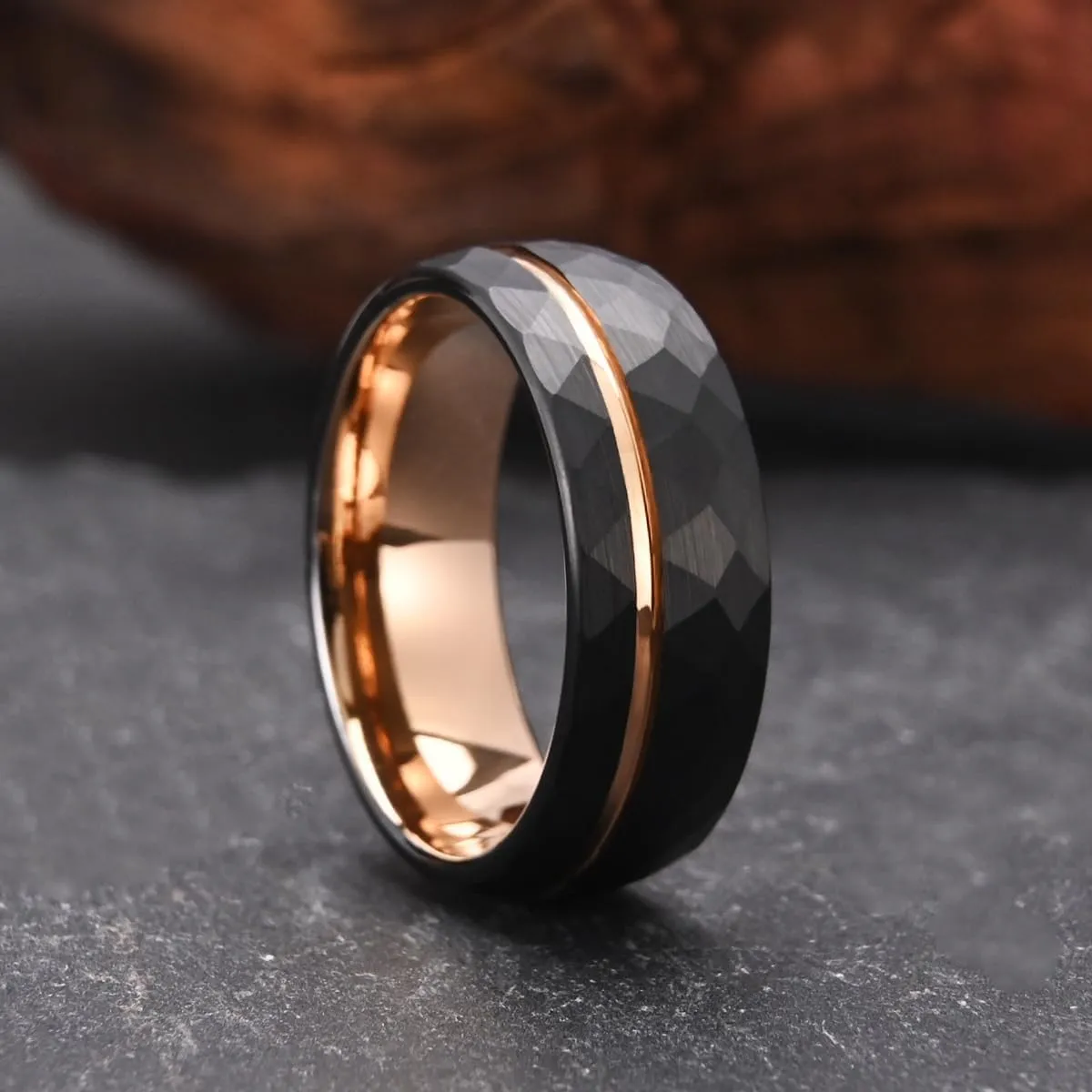 Tungsten Carbide Rings for Men Women 8mm Black Hammered Men's Engagement Wedding Bands Rose Gold Groove Matte Brushed Comfort Fit
