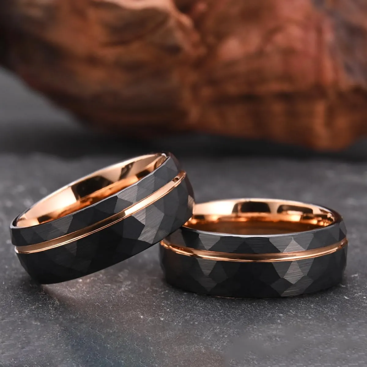 Tungsten Carbide Rings for Men Women 8mm Black Hammered Men's Engagement Wedding Bands Rose Gold Groove Matte Brushed Comfort Fit