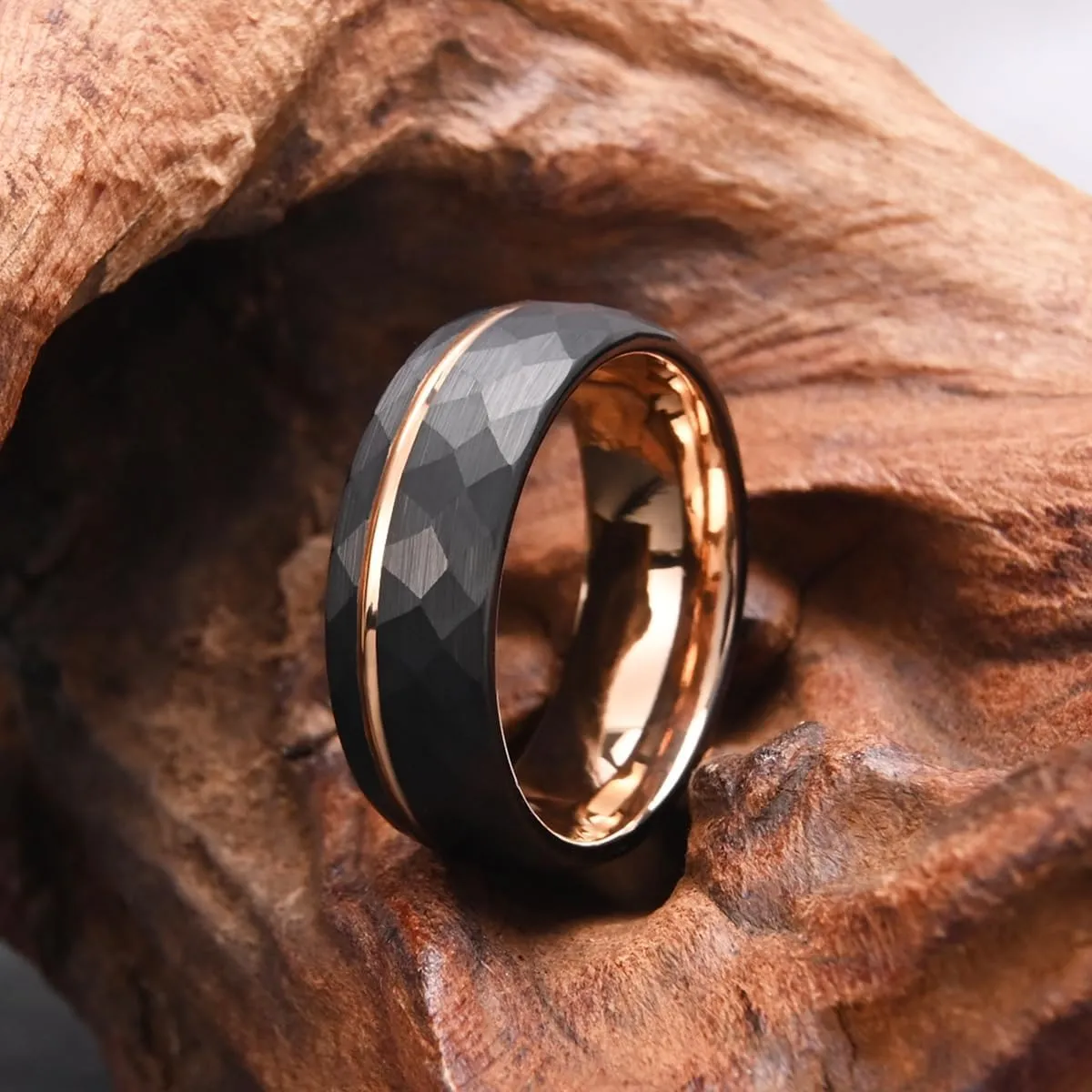 Tungsten Carbide Rings for Men Women 8mm Black Hammered Men's Engagement Wedding Bands Rose Gold Groove Matte Brushed Comfort Fit