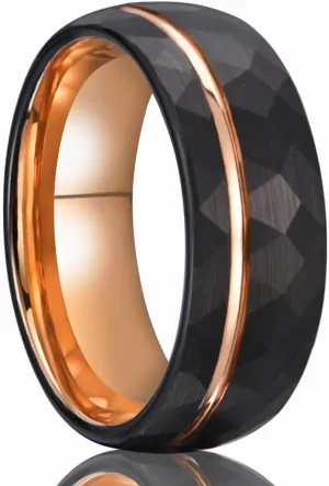 Tungsten Carbide Rings for Men Women 8mm Black Hammered Men's Engagement Wedding Bands Rose Gold Groove Matte Brushed Comfort Fit