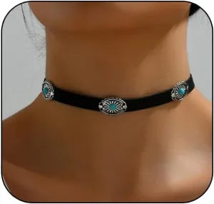 Turquoise Choker Necklace for Women Gothic Black Velvet Choker Necklace Boho Black Choker Necklaces Vintage Western Turquoise Choker Necklaces Cosplay Jewelry
