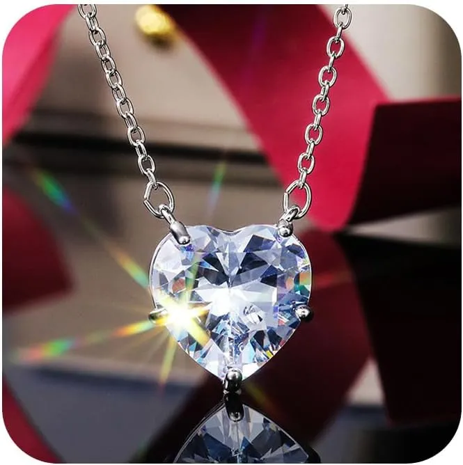 Tuwiqsdi 18k Platinum Plated Heart Necklace Fashion Jewelry 925 Sterling Silver Shiny 5A 3CT CZ Crystal Diamond Love Heart Pendant Necklace with 18 inches Wave Chain for Women