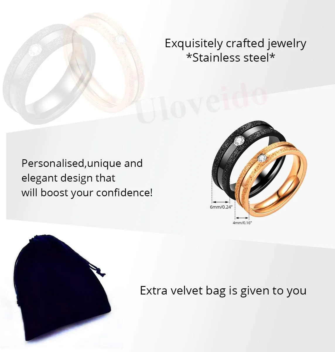 Uloveido 4mm 6mm His and Hers Matching Couples Rings Matte Stainless Steel Wedding Bands Engagement Rings Y995