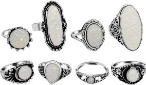 Uloveido 8-10-11 Pieces Opal and Turquoise Joint Knuckle Rings Set Antic Black Retro Statement Rings for Women Y599