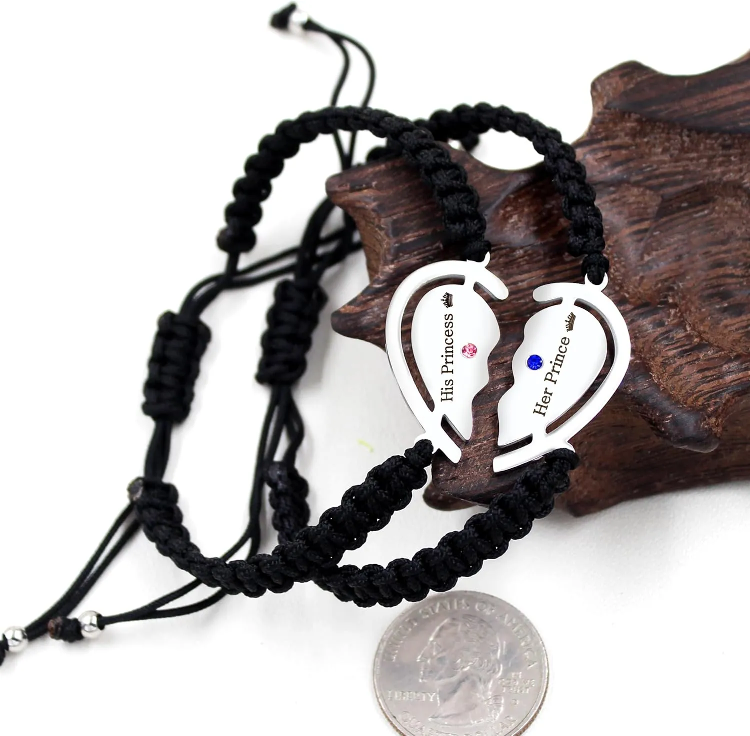 Uloveido Free Engraving Custom Puzzle Heart Bracelet for Couples, Black String Stainless Steel | His and Her Relationship Matching Bracelets Custom Y4486