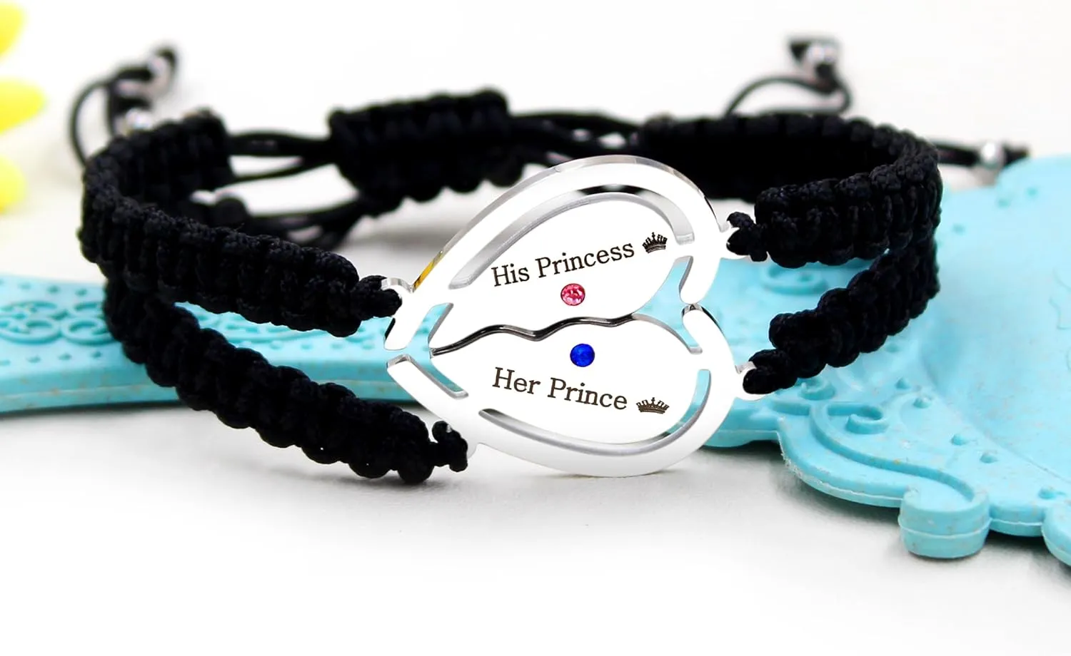 Uloveido Free Engraving Custom Puzzle Heart Bracelet for Couples, Black String Stainless Steel | His and Her Relationship Matching Bracelets Custom Y4486