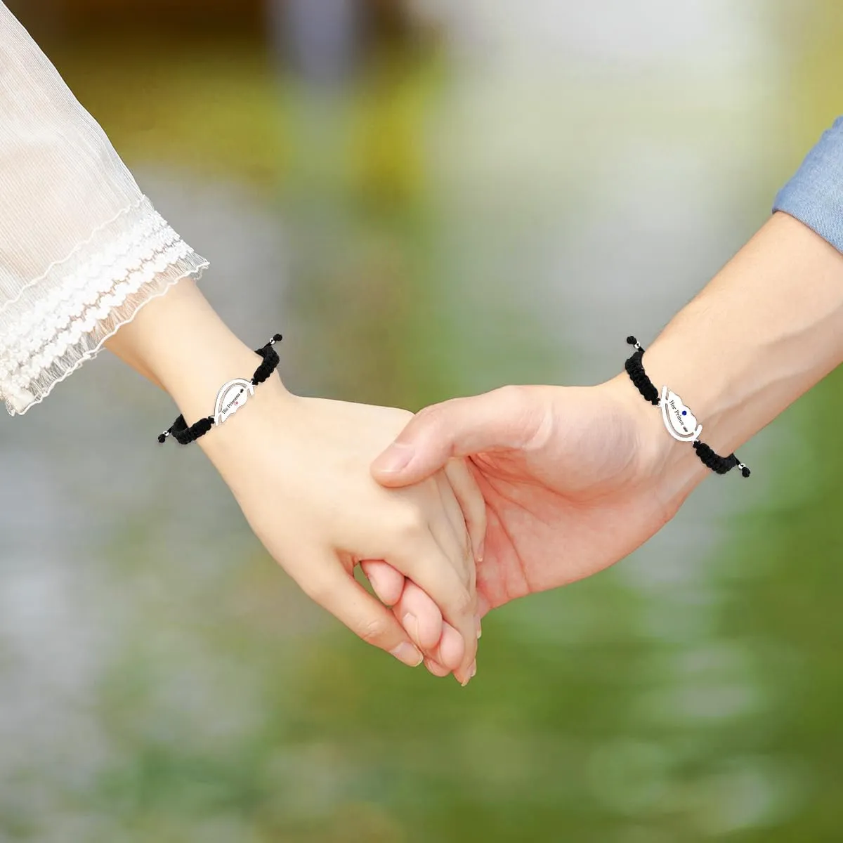 Uloveido Free Engraving Custom Puzzle Heart Bracelet for Couples, Black String Stainless Steel | His and Her Relationship Matching Bracelets Custom Y4486