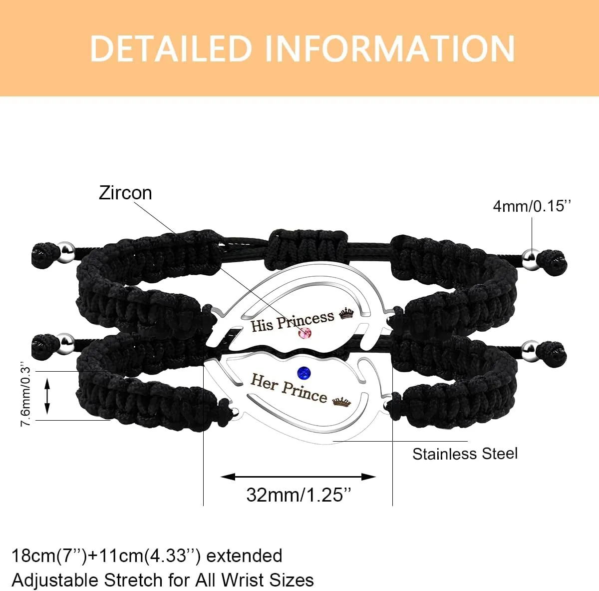 Uloveido Free Engraving Custom Puzzle Heart Bracelet for Couples, Black String Stainless Steel | His and Her Relationship Matching Bracelets Custom Y4486