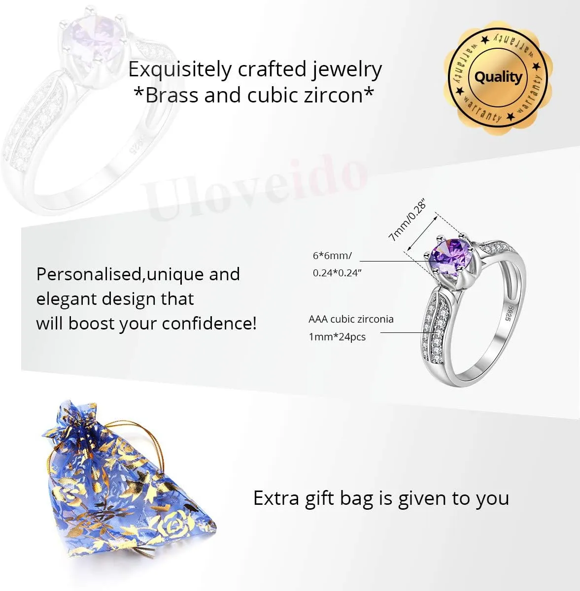 Uloveido Women Fashion Anniversary Promise Rings White Gold Plated Wedding Engagement Cubic Zirconia Rings for Female Y027