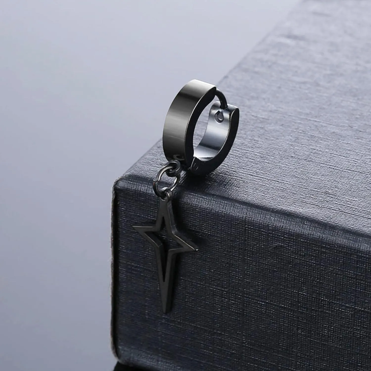 Unisex Gothic Kpop Emo Black Stainless Steel Feather Circle Ring Spike Tassel Chain Dangle Drop Earrings Piercing Jewelry Huggie Hoop Earring Gift for Men Women Teens