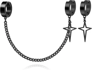 Unisex Gothic Kpop Emo Black Stainless Steel Feather Circle Ring Spike Tassel Chain Dangle Drop Earrings Piercing Jewelry Huggie Hoop Earring Gift for Men Women Teens