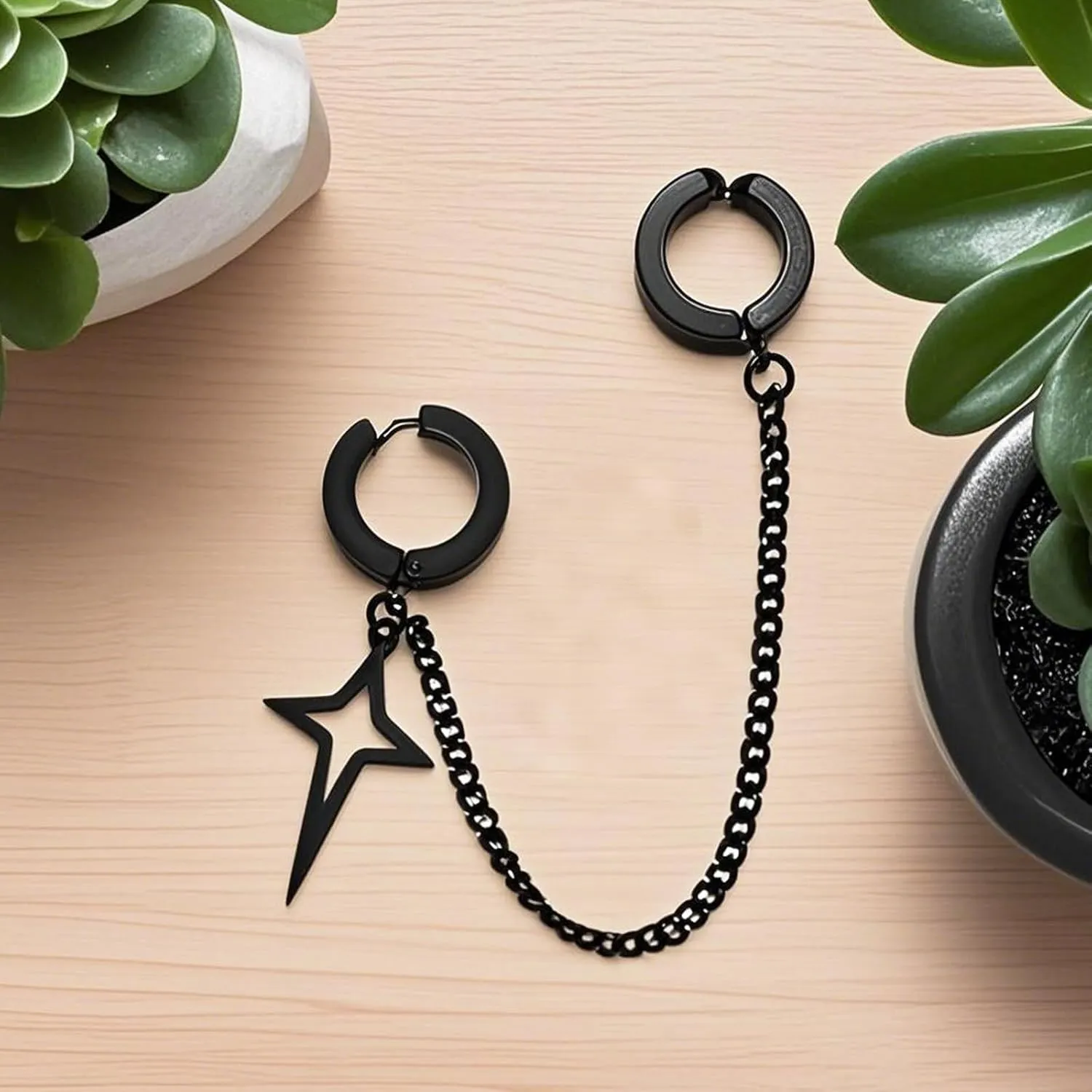 Unisex Gothic Kpop Emo Black Stainless Steel Feather Circle Ring Spike Tassel Chain Dangle Drop Earrings Piercing Jewelry Huggie Hoop Earring Gift for Men Women Teens