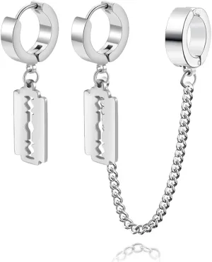 Unisex Gothic Kpop Emo Black Stainless Steel Feather Circle Ring Spike Tassel Chain Dangle Drop Earrings Piercing Jewelry Huggie Hoop Earring Gift for Men Women Teens