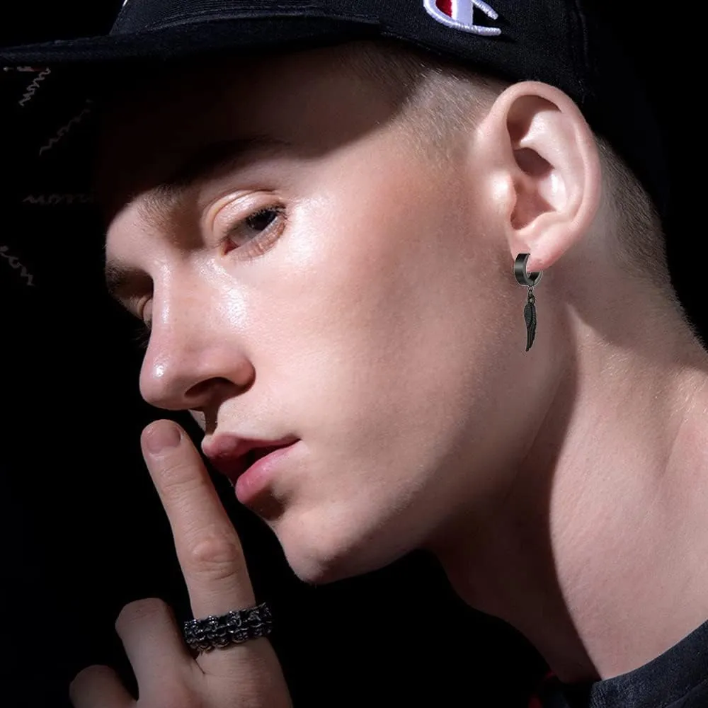 Unisex Punk Hip Hop Stainless Steel Silver Black Gold Tone Lock Thunder Lightning Bolt Dangle Huggie Hoop Earrings Gift for Women Men Boy Teens