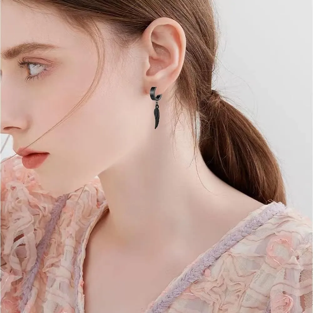 Unisex Punk Hip Hop Stainless Steel Silver Black Gold Tone Lock Thunder Lightning Bolt Dangle Huggie Hoop Earrings Gift for Women Men Boy Teens