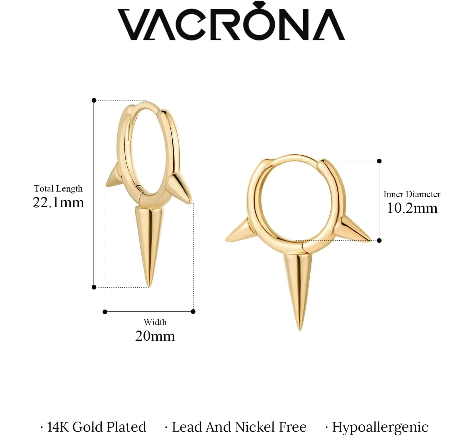 VACRONA Gold Spike Earrings Huggie Earrings for Women 14k Gold Plated Small Huggie Hoop Earrings Simple Lightweight Hoops Gift for Women