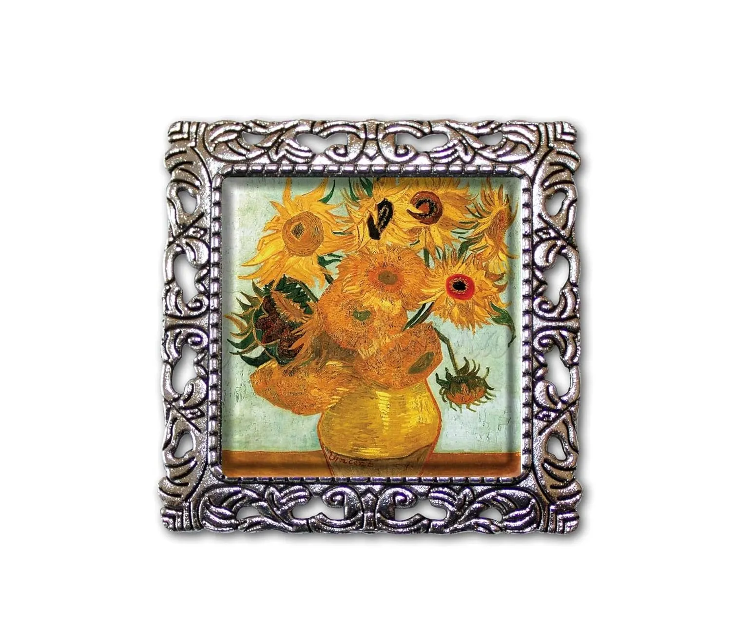 Van Gogh's Vintage Art Sunflowers Nature Lovers Handmade Square Glass Baroque Style BROOCH or Pin Jewelry (Antique Silver Tone)