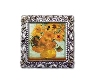 Van Gogh's Vintage Art Sunflowers Nature Lovers Handmade Square Glass Baroque Style BROOCH or Pin Jewelry (Antique Silver Tone)