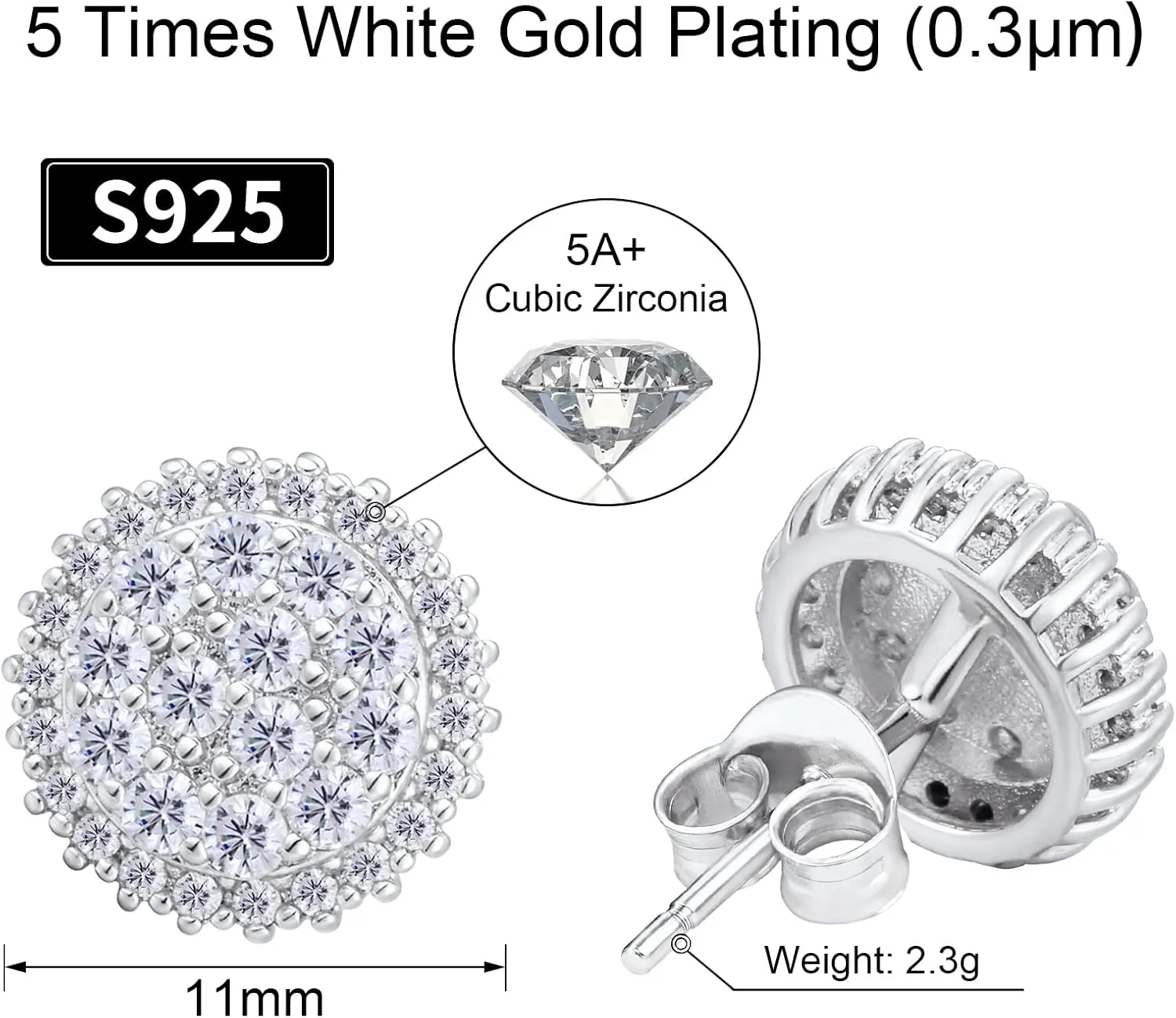 VEXXS S925 Diamond Stud Earrings for Men, 14K Real Gold Plated Iced Out Earrings Micro Pave 5A CZ Stones Mens Studs, Hypoallergenic 925 Sterling Silver Studs