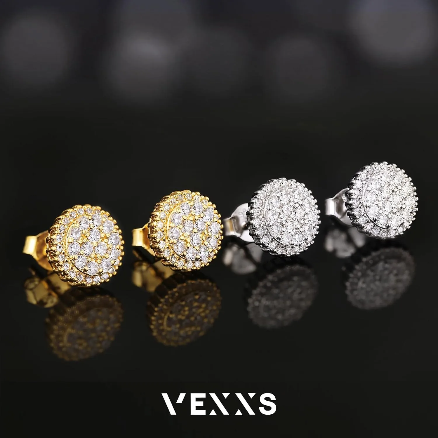 VEXXS S925 Diamond Stud Earrings for Men, 14K Real Gold Plated Iced Out Earrings Micro Pave 5A CZ Stones Mens Studs, Hypoallergenic 925 Sterling Silver Studs