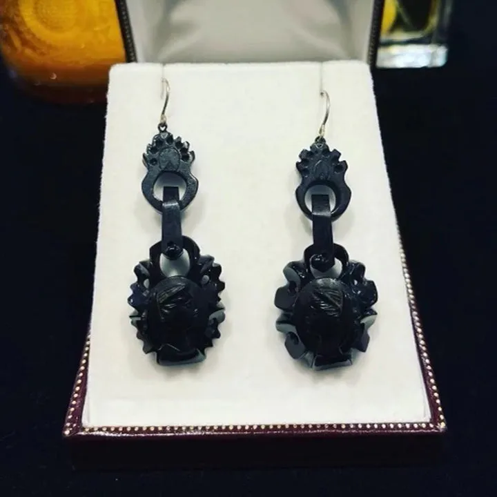 Victorian Whitby Jet Cameo Earrings