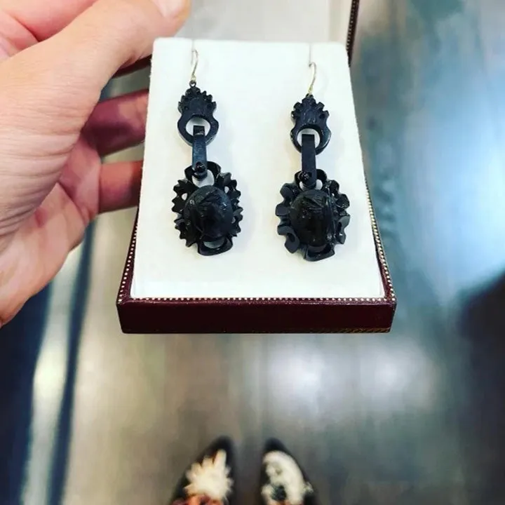 Victorian Whitby Jet Cameo Earrings