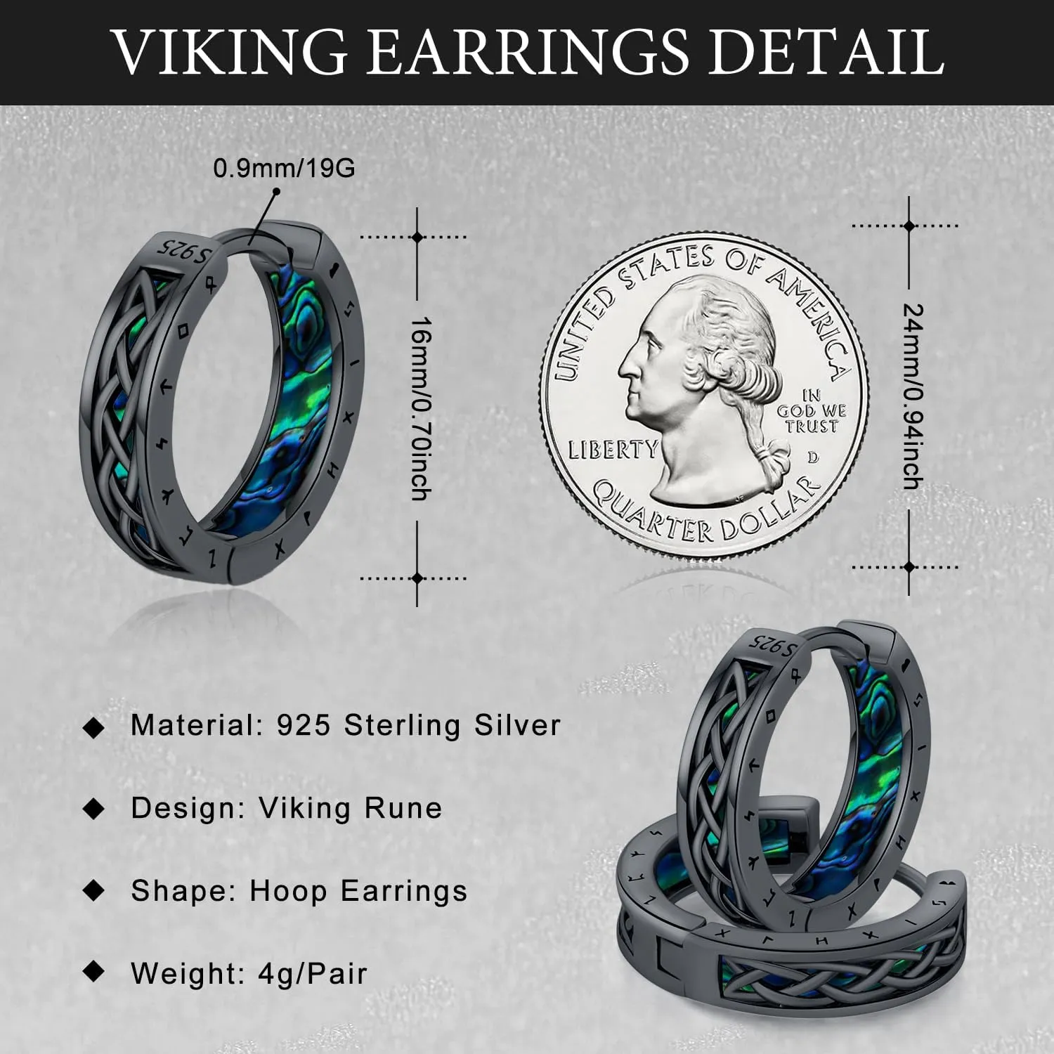 Viking Earrings Norse for Men Women 16mm 925 Sterling Silver Huggie Rune Celtic Hoop Earring Viking Jewelry Gifts Sturdy Punk Hoop Earrings Silver